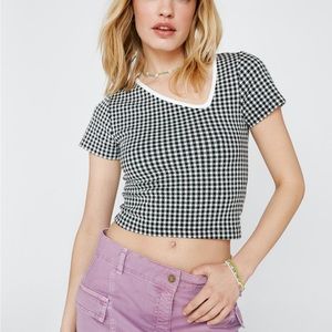 Check Jacquard Asymmetric Neck Crop Top